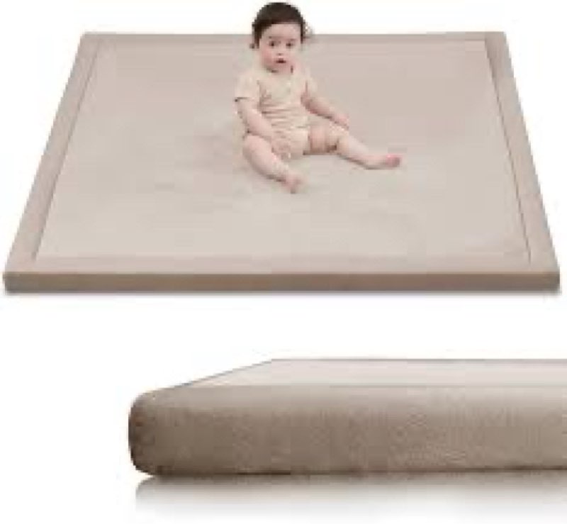 Huloo Sleep Baby Play Mat for Floor,1.3" Thick Elasti-Foam 50x50 Playpen Mat for Toddlers Infant Kids,Water-Repellent Soft Coral Velvet Tummy Time Mat,Non Slip Crawling Mat,Tatami Mat(Beige)