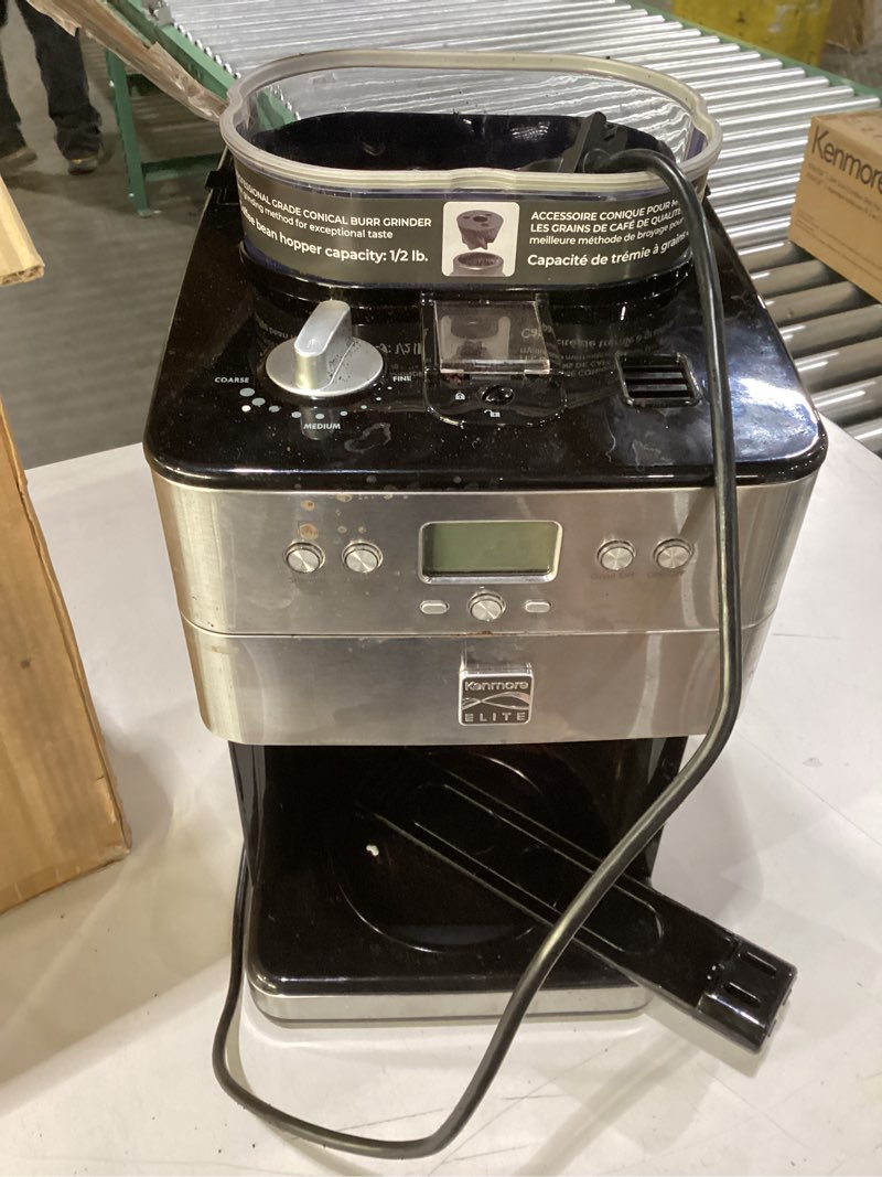 Condition photo showing As Is for Used Missing pot and lid Kenmore Elite Grind and Brew Coffee Maker - Built-In Grinder, Automatic Drip Coffee Machine, 12 Cup Programmable Brewer, Bean Grinder and Ground Coffee Brewer, Coffee Maker and Grinder Combo