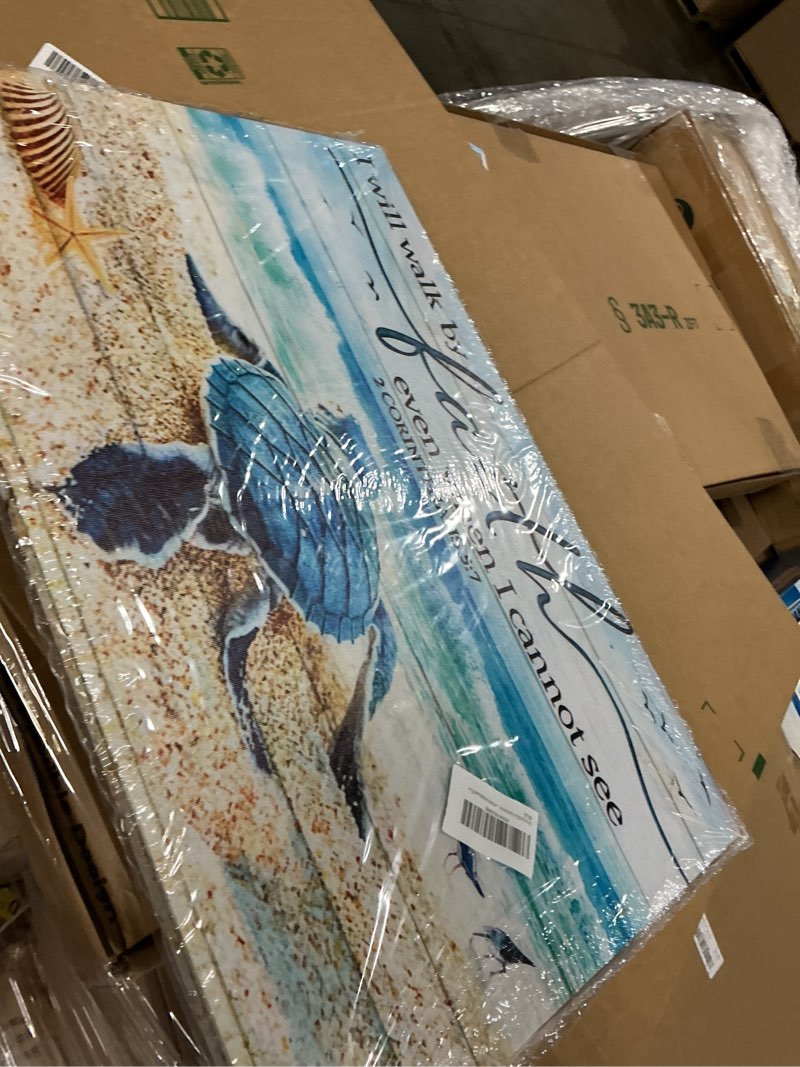 Condition photo showing New/Like New for christian bible inspirational canvas wall art teal turtle motivational quotes i will walk by faith blue beach scenery painting picture wall decor poster print artwork for bathroom office sea turtles-canvas 24"l x 16"w