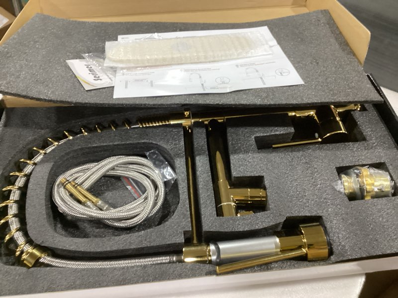 Condition photo showing As Is for Gold Kitchen Faucet?Kitchen Faucet with Pull Down Sprayer, Serimer Commercial Spring Style?Single Handle 360° Rotatable Faucet with Deck Plate for Camper Farmhouse RV Bar