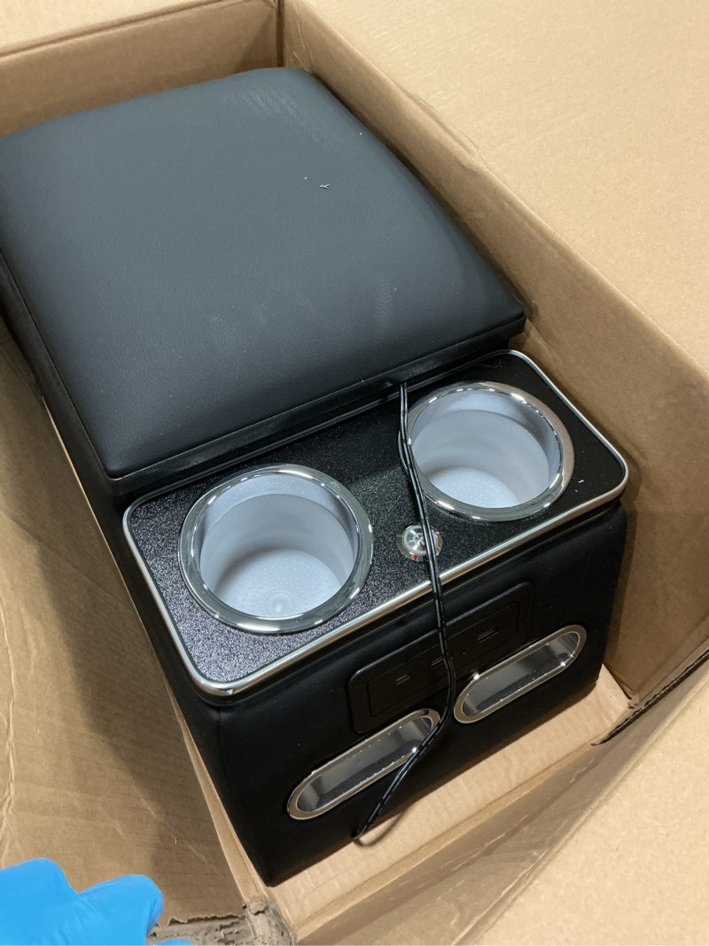 Condition photo showing Good Condition for Sporacingrts Center Console Armrest Organizer with LED Light, USB Port, Cup Holders, Armrest, Padded Top Lid - Ideal for Business Upgrade Center Console Organizerand Black