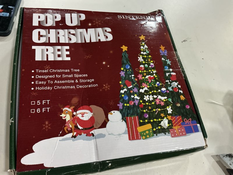 Condition photo showing New/Like New for 5 ft red collapsible christmas tinsel tree artificial pencil tree xmas decoration for holiday home office party, usb powered