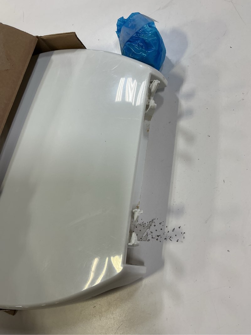 Condition photo showing As Is for Kohler K-20110-0 Brevia Elongated Toilet Seat with Grip-Tight Bumpers, Quiet-Close Seat, Quick-Attach Hardware, White