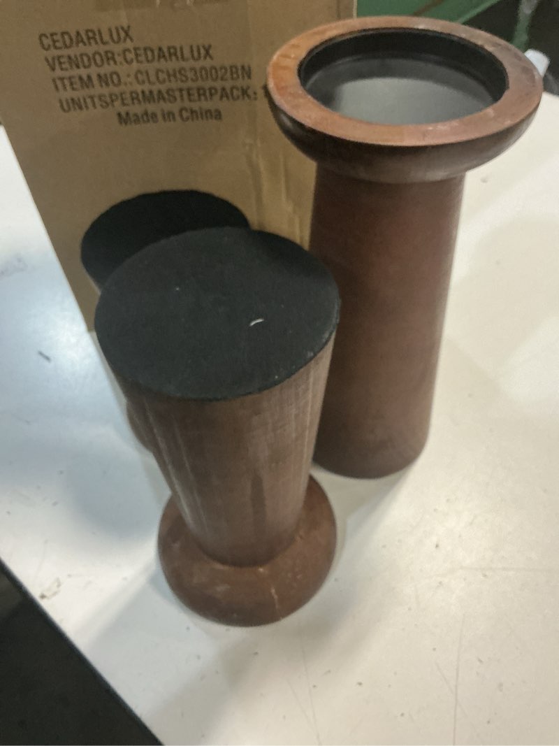 Condition photo showing Good Condition for pillar candle holders set of 3? wooden candle holders? decorative wood candlestick holders for living room, table centerpiece for wedding, christmas, party, home - 6", 8", 10"
