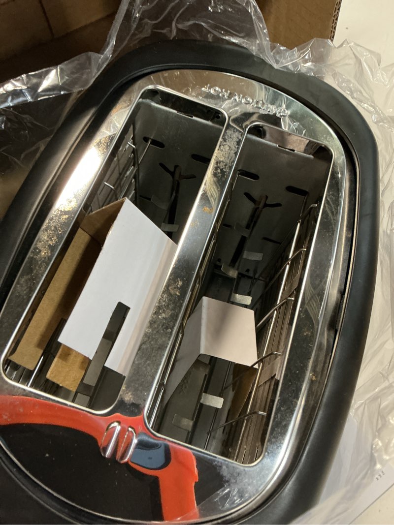 Condition photo showing As Is for amazon basics 2 slice toaster, with 6 browning settings, extra wide slots for bagels and special breads, removable easy-to-clean crumb tray, cancel/defrost/bagel buttons, 900w, black & silver 2 slice silver front
