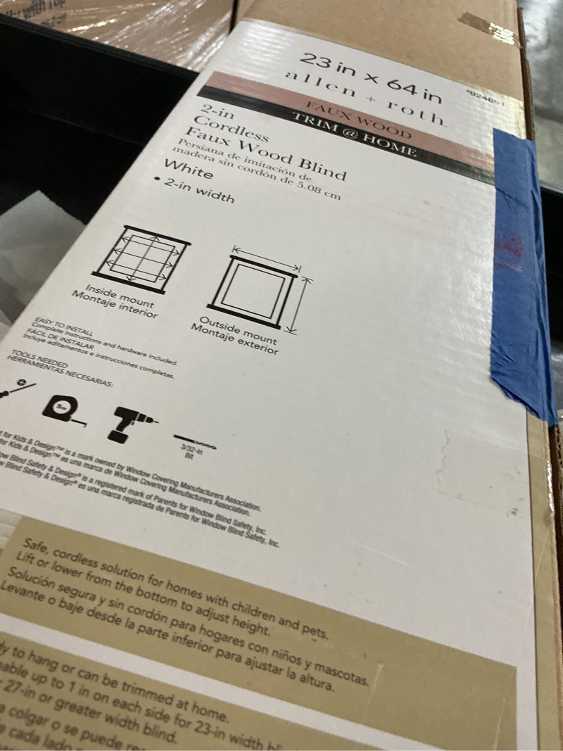 Condition photo showing As Is for allen + roth trim at home 2-in slat width 23-in x 64-in cordless white faux wood room darkening horizontal blinds