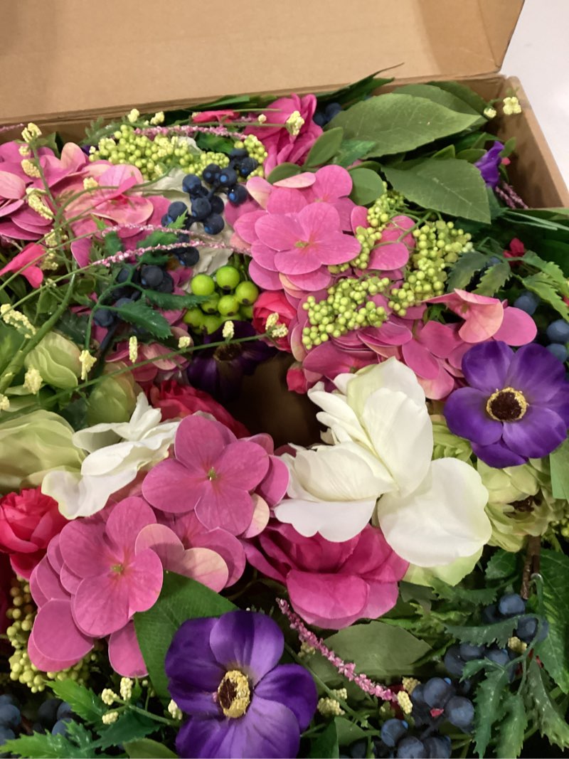 Condition photo showing New/Like New for pinkpuii spring wreaths for front door 24 inch lush spring door wreath with pink peonies, roses, white blooms & greenery, garden style summer flower wreath for front porch, entryway & wall window