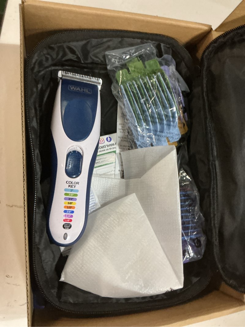 Condition photo showing As Is for wahl color pro cordless rechargeable hair clipper & trimmer – easy color-coded guide combs - for men, women, & children – model 9649p