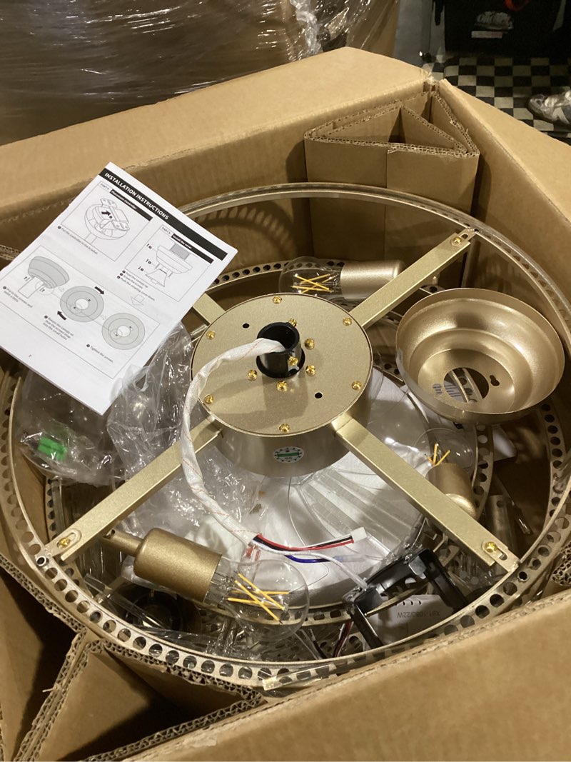 Condition photo showing As Is for Gold Fandelier Ceiling Fans with Lights, 20" Gold Crystal Chandelier Ceiling Fan with Light Remote Control, Caged Mid Century with 6 Speeds for Bedroom, Living Room, Nursery