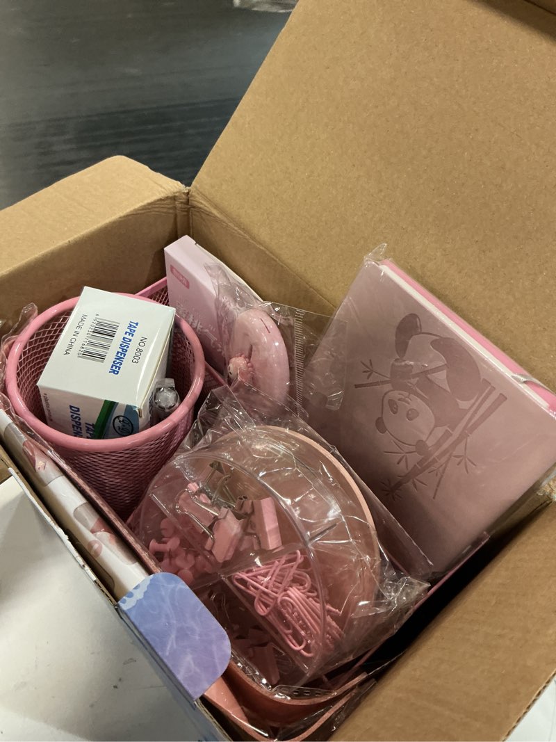 Condition photo showing Good Condition for 23pc pink desk accessories and organizers with mesh organizer stapler tape dispenser calculator and a lot of office pink office supplies beautifully presented in a gift box