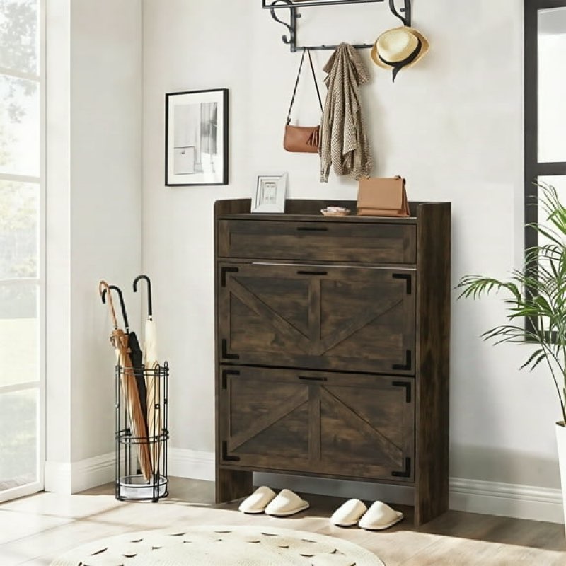 (Similar to stock photo)CATMIX Farmhouse Shoe Cabinet with 3 Flip Drawers, Freestanding Slim Shoe Storage Cabinet for Entryway, Brown