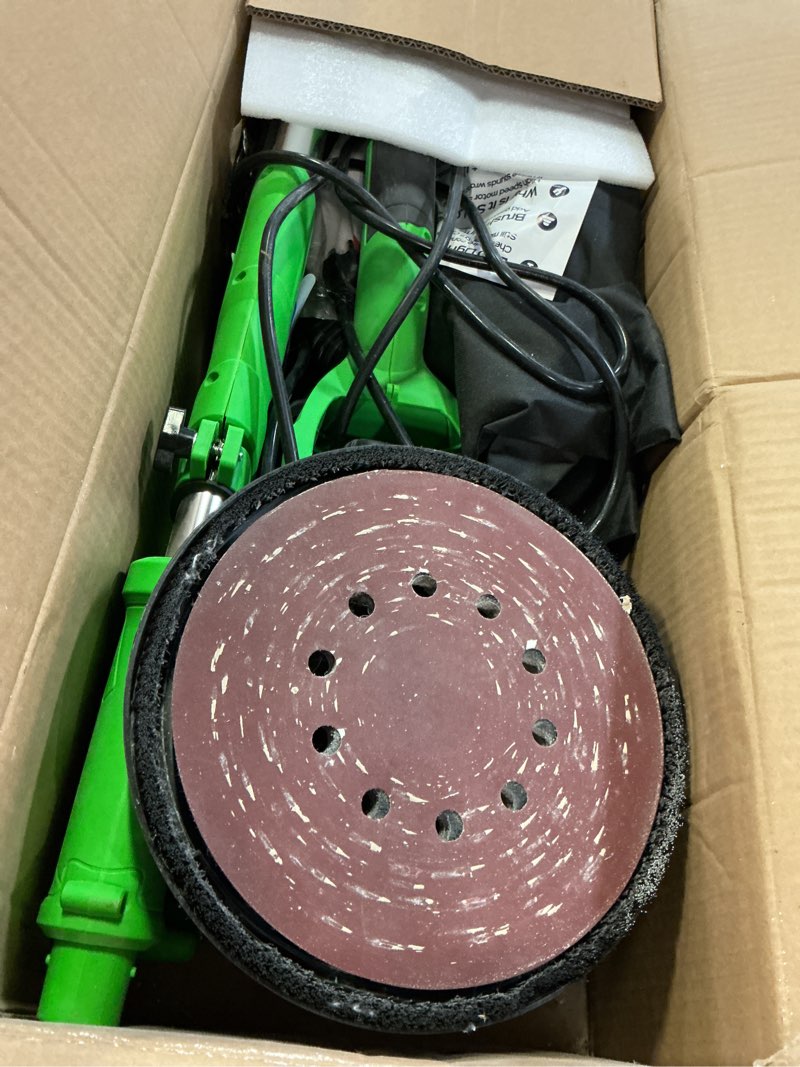 Condition photo showing As Is for drywall sander, popcorn ceiling removal tool with 7 variable speed 800-1800rpm, 2026 upgraded 8-amp drywall sander with vacuum dust collector with 12pcs sanding discs, extendable handle, led light light green