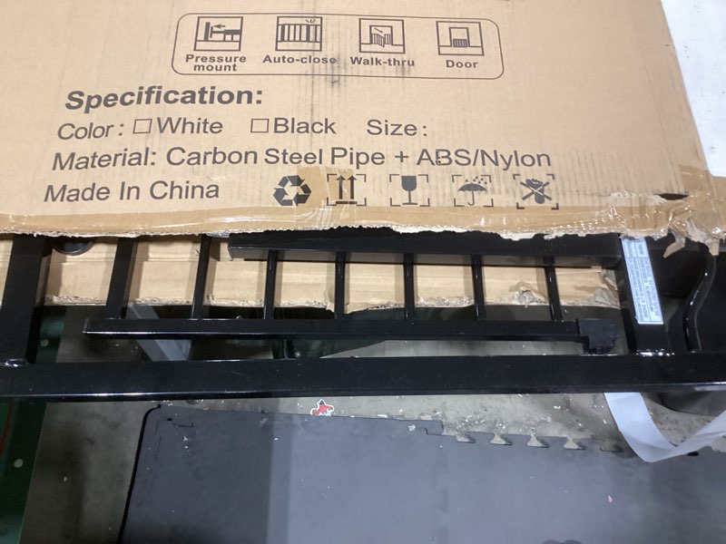 Condition photo showing As Is for Walk Through Black Baby Gate 43.5-48 Inch Wide, Pressure Mounted Safety with Door No Drill, Tension Metal for Dog Cat and Toddler