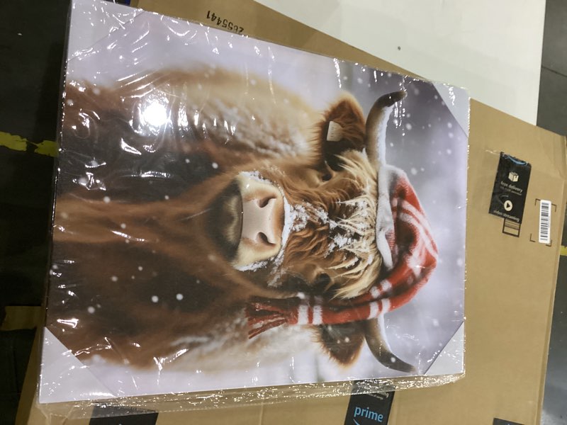 Condition photo showing New/Like New for daktenn Highland Cow Bathroom Decor, Funny Highland Cow Wall Art Print, Cow in Bathtub Poster, Funny Animal Artwork for Bedroom Christmas Wall Decor Christmas Wall Art for Bathroom 18"x24" 24"L x 18"W Winter Cow with Scarf
