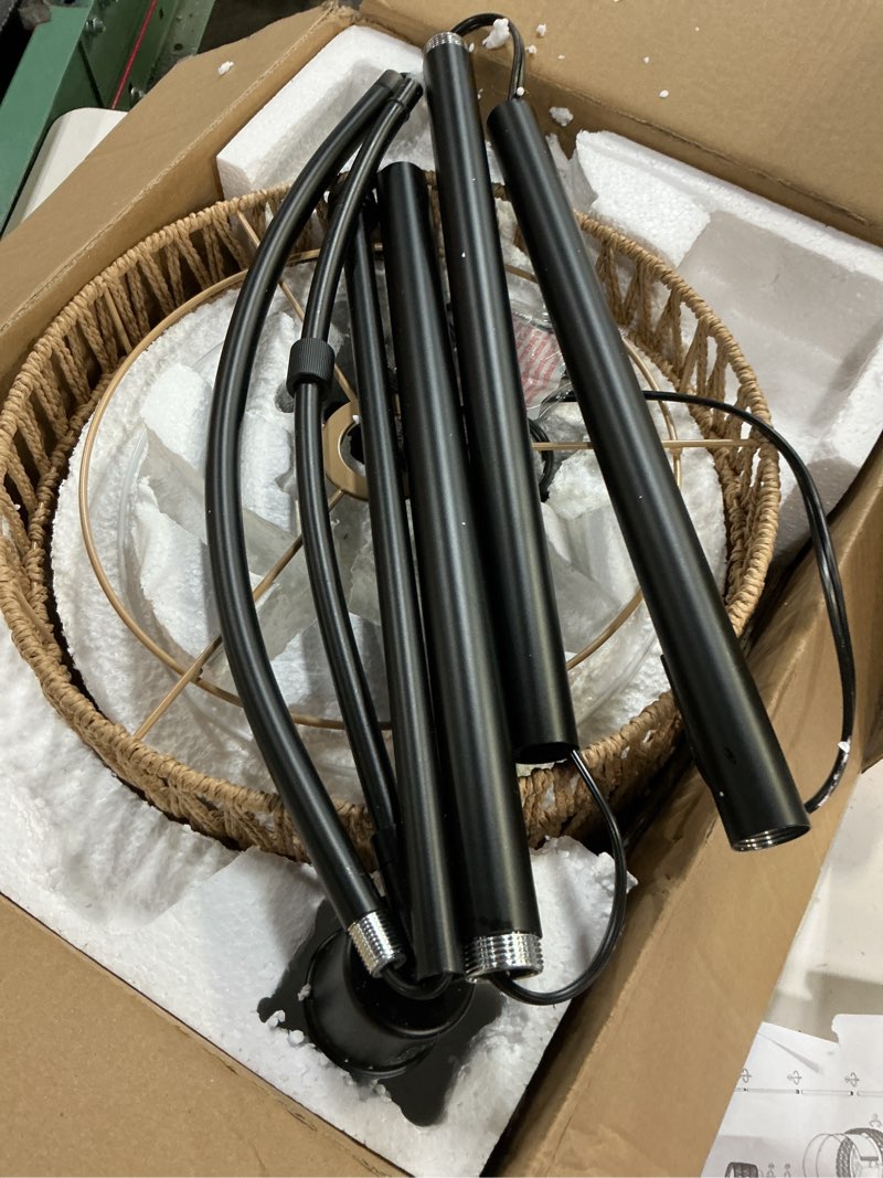 Condition photo showing Good Condition for rattan floor lamp, dimmable arc floor lamps for living room, boho farmhouse standing lamp with adjustable head, tall pole lamp reading light for bedroom, over couch, office, 9w led bulb included black base with rattan shade