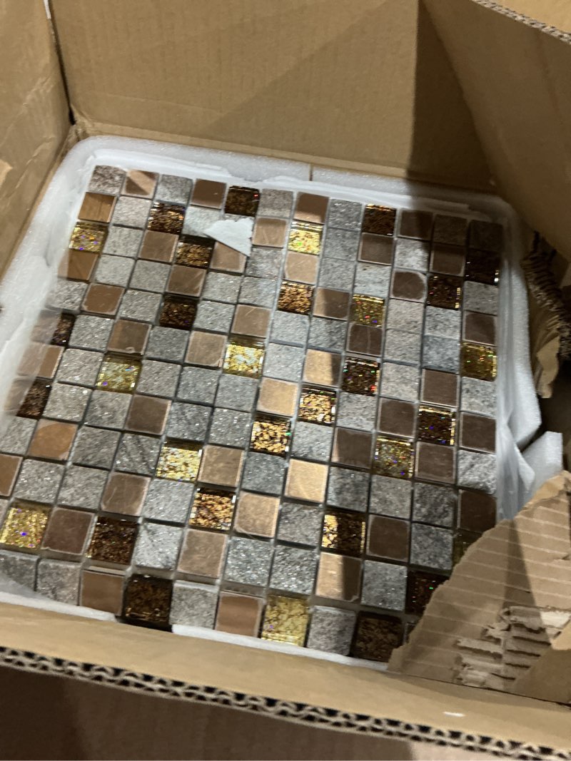 Condition photo showing As Is for hominter luxury glass stone tile rose gold glitter metal mosaic accent backsplash tiles in kitchen bathroom walls and fireplace decor (3x12 sample) 0.25 square feet