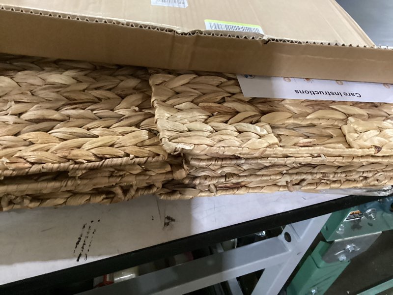 Condition photo showing Good Condition for 12x12x10in water hyacinth storage baskets, wicker storage cubes set of 3, kitchen baskets for pantry organization, foldable square baskets for shelves 3 pack