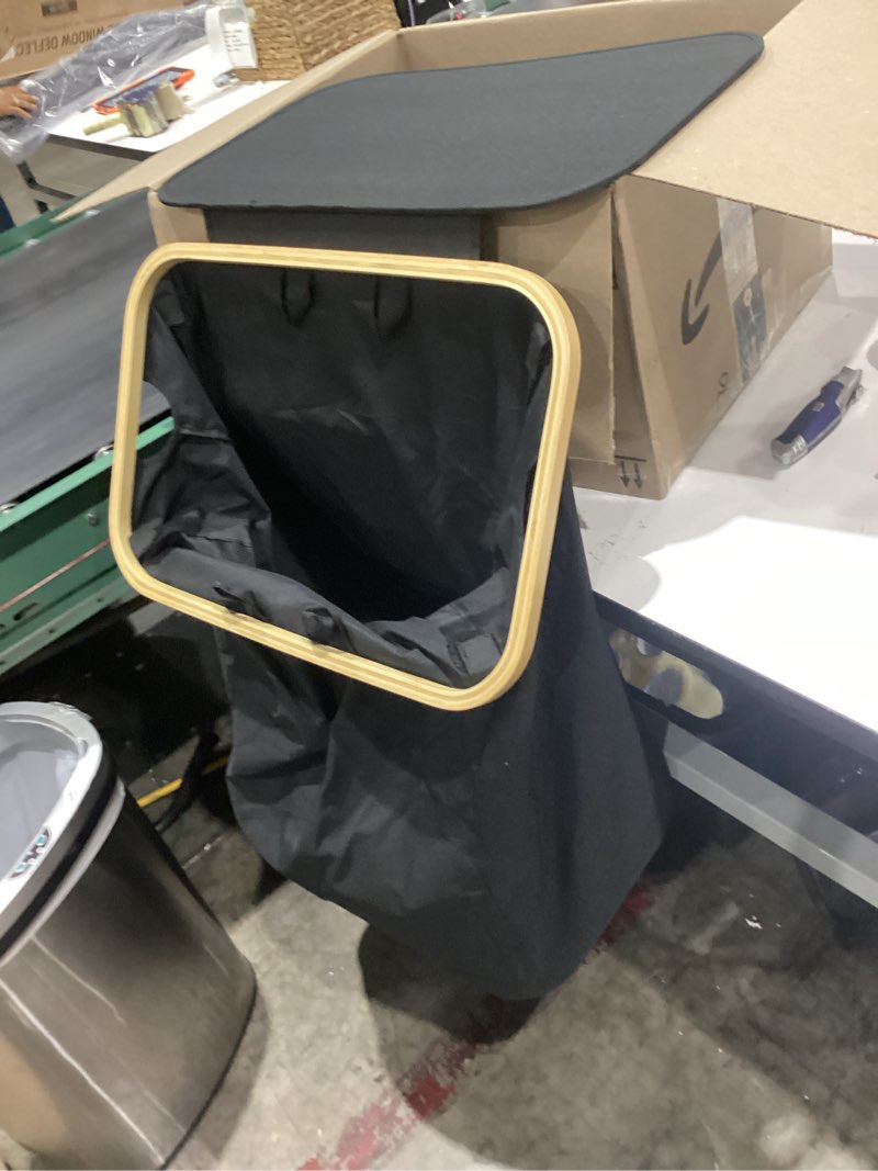 Condition photo showing As Is for songmics laundry basket with lid, 65l laundry basket, space saving, removable laundry bag, oxford fabric, bamboo handles, foldable, 42 x 22.5 x 70.5 cm, black ink lcb506b01