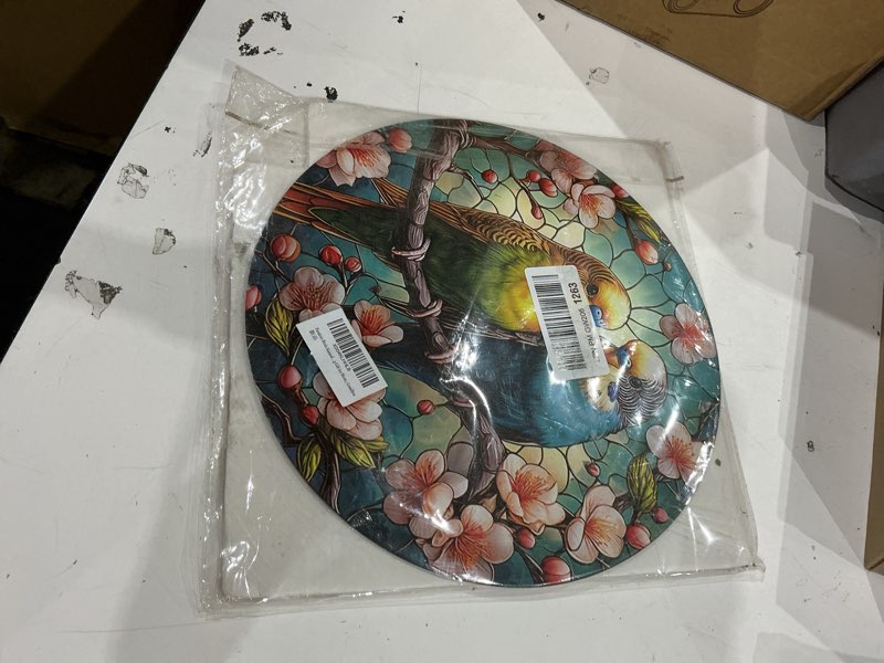 Condition photo showing As Is for parakeet birds stained window hangings with chain– acrylic round ornament for garden, patio and indoor decor, housewarming gift for mom, grandma
