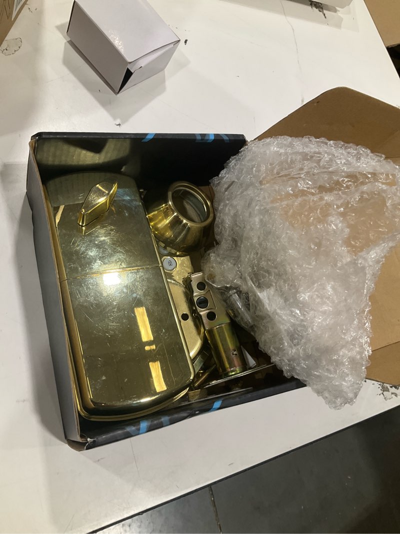 Condition photo showing As Is for front door locksets with single cylinder deadbolt,heavy duty door handles,square exterior door lever combination set(satin brass) 1 square gold