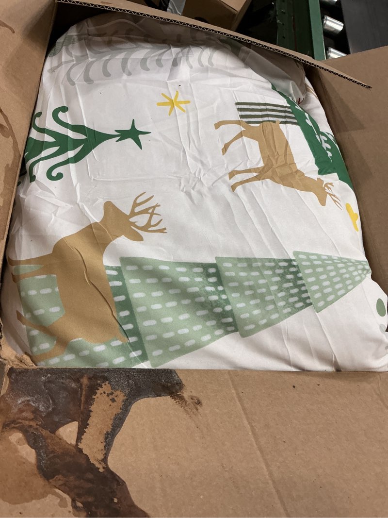 Condition photo showing As Is for Luxudecor Christmas Comforter Set Queen Size 7 Pieces, Green Christmas Wreath Deer Pattern Bed in a Bag, Soft Reversible Comforter with Sheet Set Xmas Holiday Bedding Set Home Decor 90"x90" Queen Green Christmas Wreath