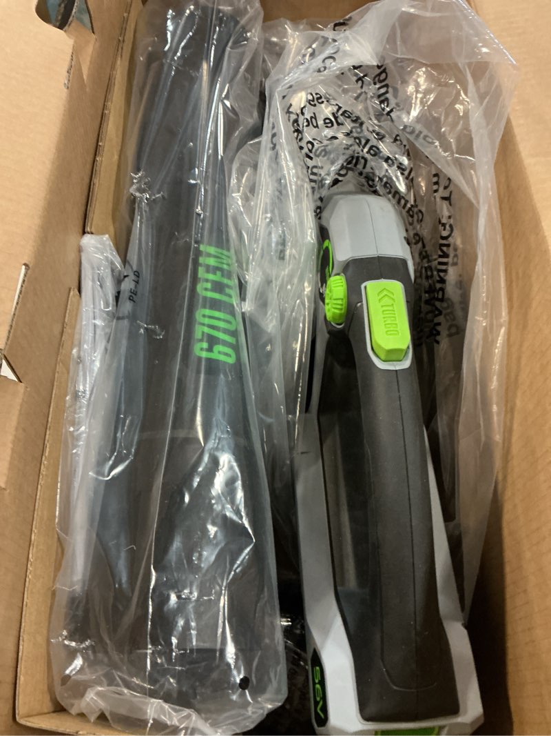 Condition photo showing As Is for ego power+ lb6703 180 mph 670 cfm 56 v battery handheld leaf blower kit (battery & charger) w/ 4.0 ah battery