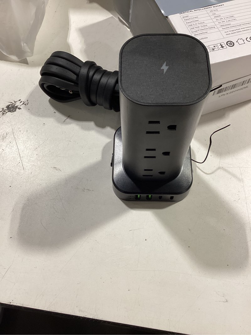 Condition photo showing Good Condition for power strip with wireless charger, flat plug surge protector with 6ft extension cord, 12 ac multiple outlets, 4 usb (2 usb c), 15w wireless charging power tower for home office dorm, black black 6ft with wireless charging