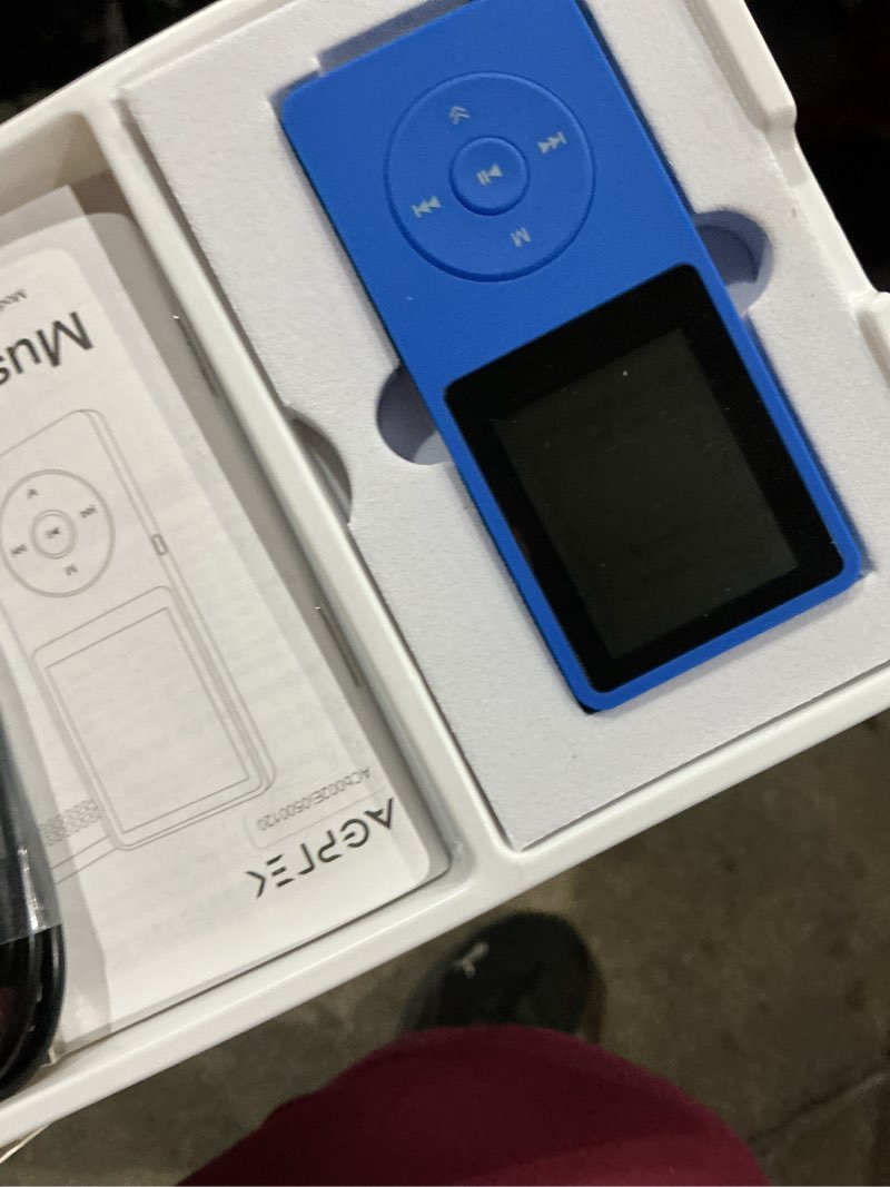 Condition photo showing As Is for agptek a02 mp3 player with bluetooth 5.3, 1.8 inch screen portable music player with speaker, fm radio, voice recorder, supports expanded up to 128gb(blue, 32gb) 32gb blue