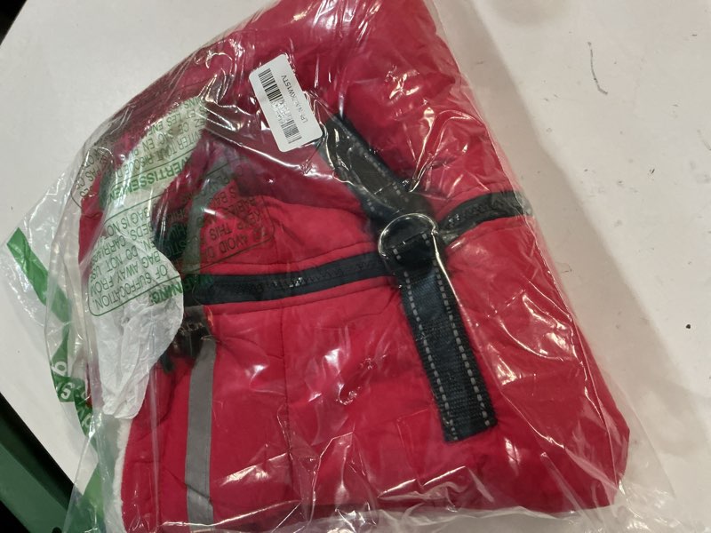 Condition photo showing Good Condition for (Size:XL)Mklhgty Large Dog Coat with Harness Built-in, Waterproof Reflective Fleece Lined - Warm Windproof Winter Jacket with Back Zipper, Cold Weather Snow Dog Coats - Red - XL Red X-Large