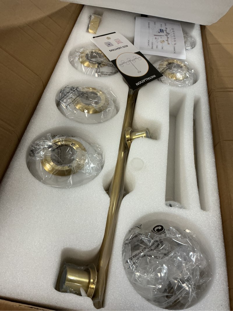 Condition photo showing Good Condition for KCO Lighting Modern Brass Linear Chandelier Pendant Light 7-Lights Gold and White Glass Pendant Lighting Mid Century Globe Dining Light Fixture for Living Room Kitchen 1-Gold
