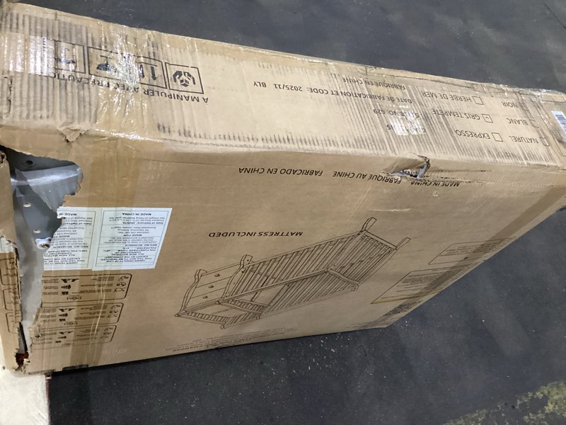 Condition photo showing As Is for dream on me jayden 4?in?1 mini convertible baby crib & changer with storage, steel grey, pinewood, greenguard gold & jpma, 1” mattress pad, 3 mattress heights, converts to mini day & twin-size bed storm grey 56.8"l x 29"w x 41"h