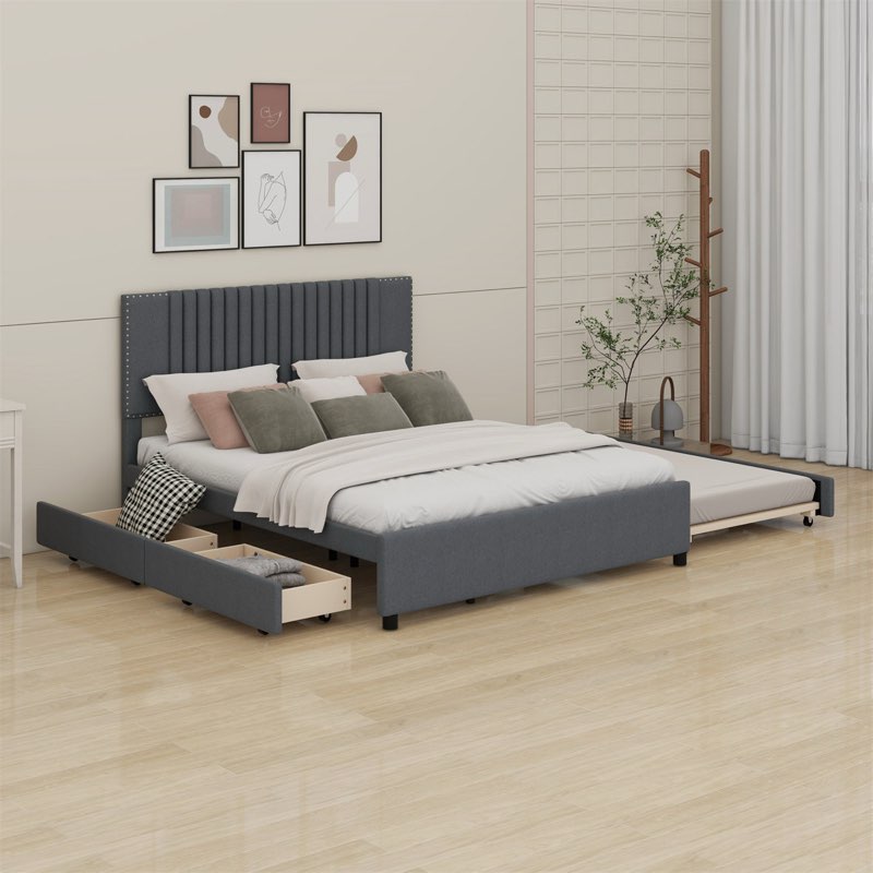Upholstered Platform Bed With Drawers And Trundle (Full Size ) (Incomplete, Box 2/2 ) 