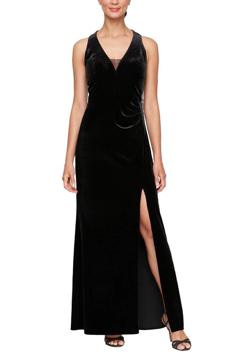 alex evenings women's long velvet halter neck mother of the bride gown with beaded hip and front sli 14