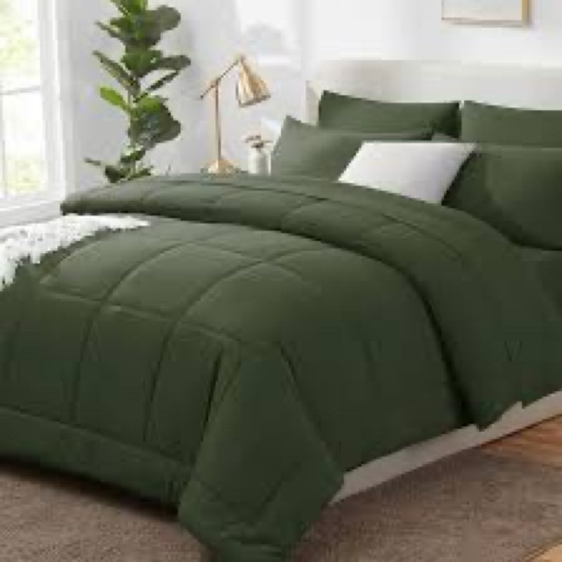 CozyLux King Size Comforter Set Olive Green, 7 Pieces Pintuck Bed in A Bag Green Comforter King Size