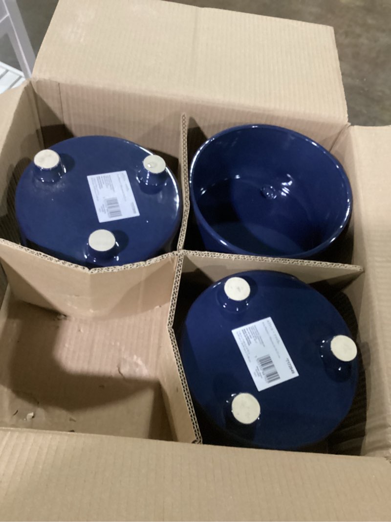 Condition photo showing Good Condition for 3 allen + roth round 7.48-in w x 7.48-in l x 4.803-in h navy glazed ceramic indoor planter