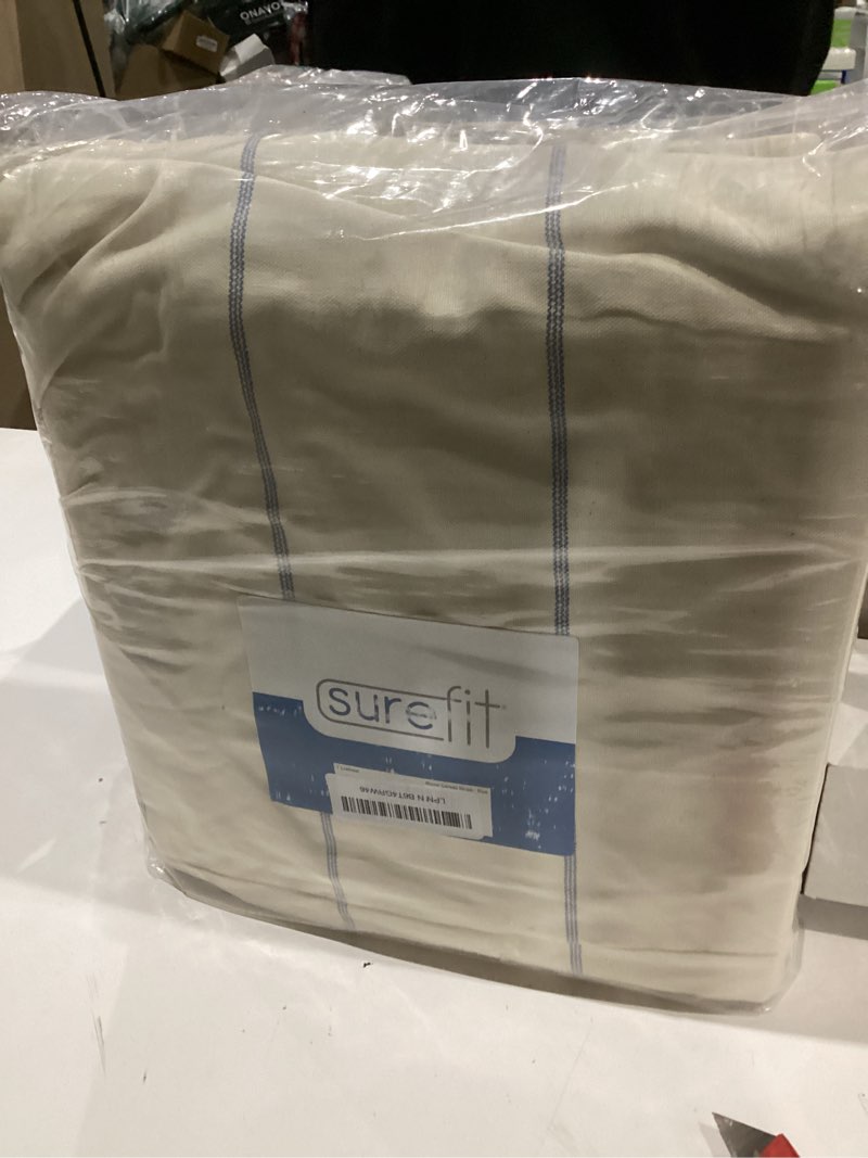 Condition photo showing As Is for SureFit Heavyweight Cotton Duck T-Cushion Loveseat Slipcovers, Printed Heavyweight Cotton Loveseat Cover, One Piece Design, Loveseat Cover with Seat Elastic and Corner Ties, Natural with Blue Stripe T-Cushion Loveseat Natural/Blue