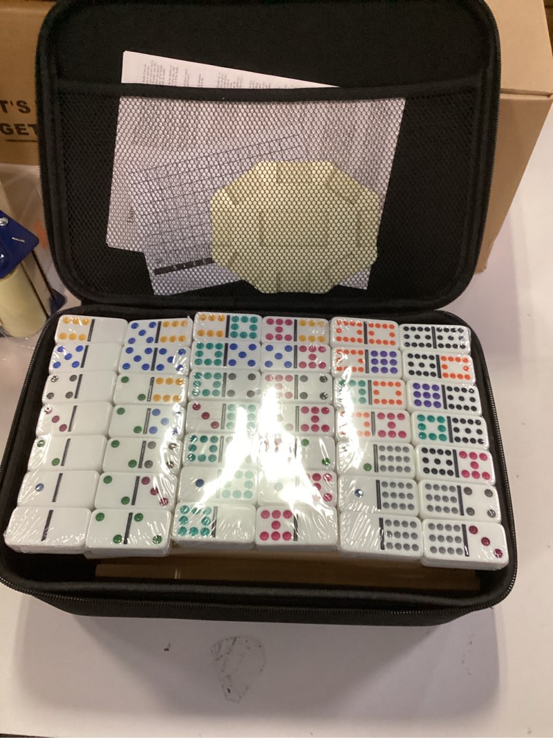 Condition photo showing Good Condition for Mexican Train Dominoes Set with 8 Wooden Trays/Racks, Double 15 Dominos Travel Set with 8 Tiles Holders, 136 Tiles Double 15 Colored Dominoes Game Set with Zippered Case for Family Kids D15 Dot 8 Players