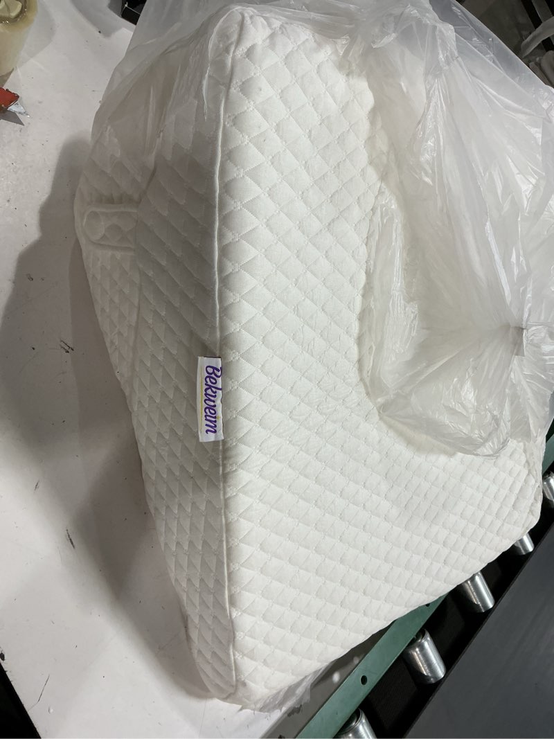 Condition photo showing As Is for wedge pillow for sleep apnea, 12 inch adjustable height bed wedge pillow for headboard, gerd, acid reflux relief, snoring, and post surgery recovery. bed pillow for sitting up in bed white large