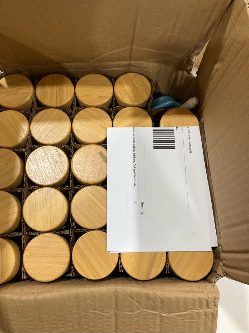 Condition photo showing Good Condition for netany 24 pcs glass spice jars with bamboo lids, 4 oz glass jars with minimalist farmhouse spice labels stickers, collapsible funnel, seasoning storage bottles for spice rack, cabinet, drawer
