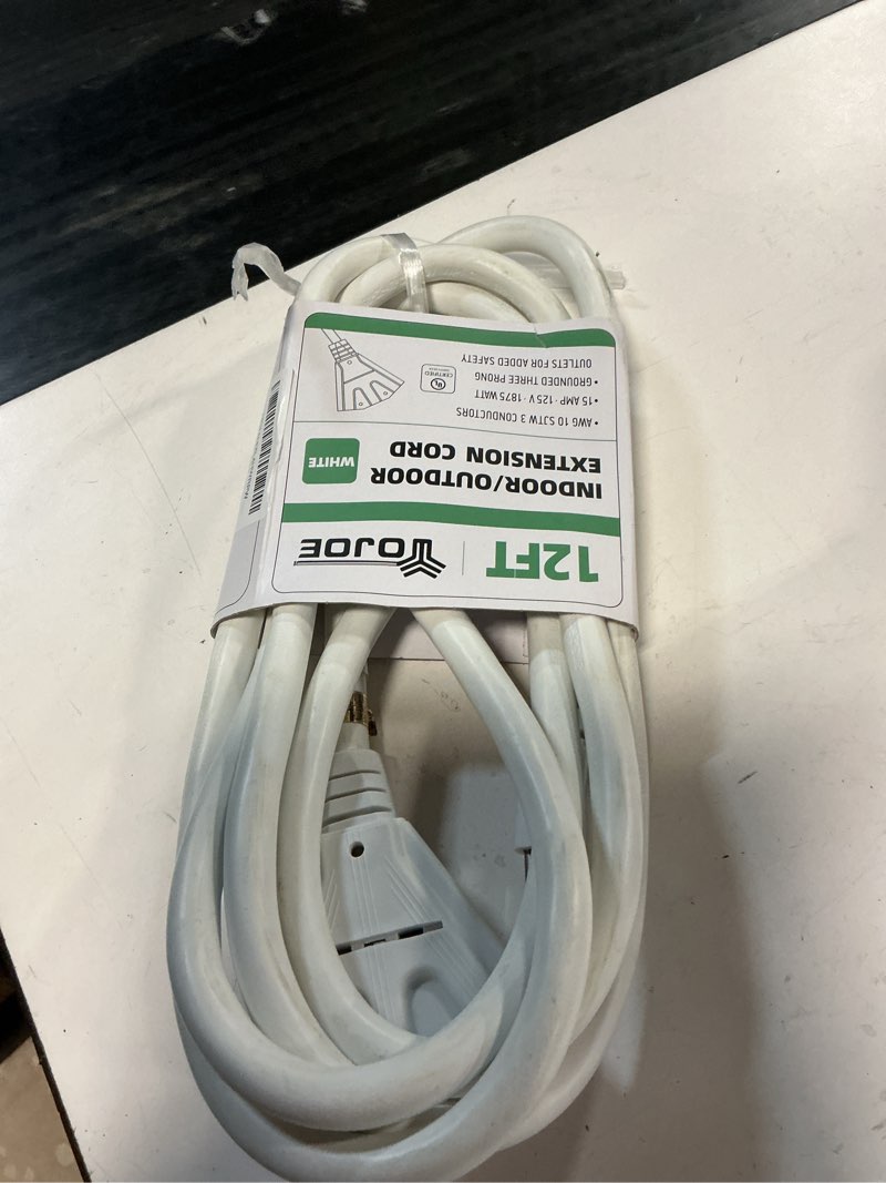 Condition photo showing New/Like New for yojoe 3-outlets indoor outdoor extension cord, 3 prong 15a weatherproof power cord multiple outlets, 10 gauge heavy duty 12 ft white extension cord for garage, garden, 10/3 sjtw ul certified 12 foot 3-outlets white