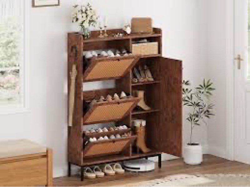 GarveeHome Shoe Cabinet Rattan with 3 Flip Drawers and 4-Tier Shoe Storage Cabinet, Freestanding Sho