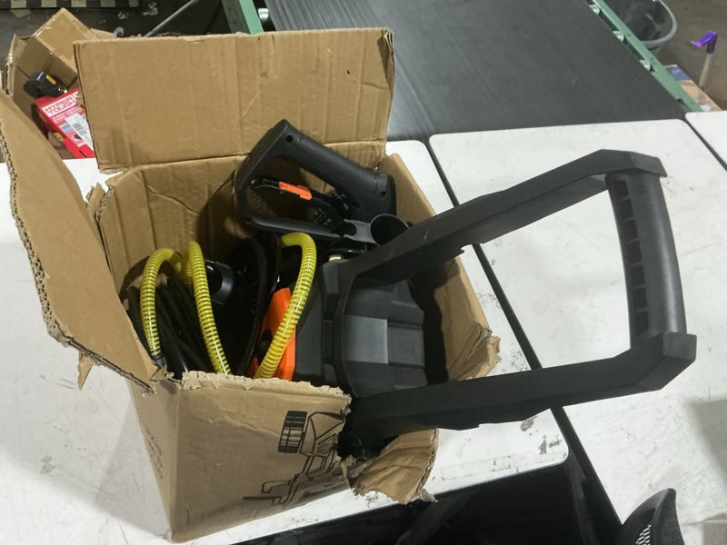 Condition photo showing As Is for electric pressure washer, 4500psi max 3.2 gpm 33ft hose w/ hose reel , 4 connect nozzles foam cannon for cars, fences, driveways, patios, home cleaning