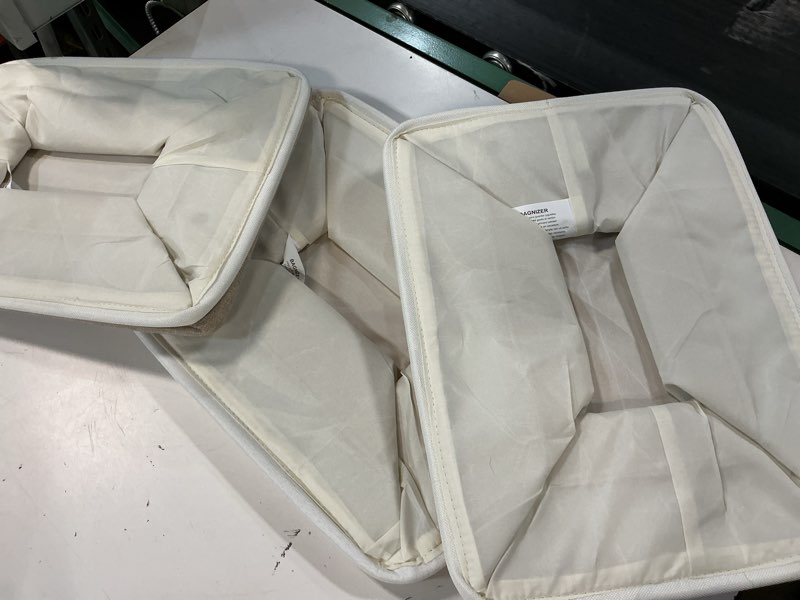 Condition photo showing New/Like New for bagnizer storage bins large fabric storage baskets for shelves 3 pack, decorative linen closet baskets with handles for organizing, shelf, clothes, home, office, 15x11x9.5inches (beige&white) beige / off-white large -15"x11"x9.5"