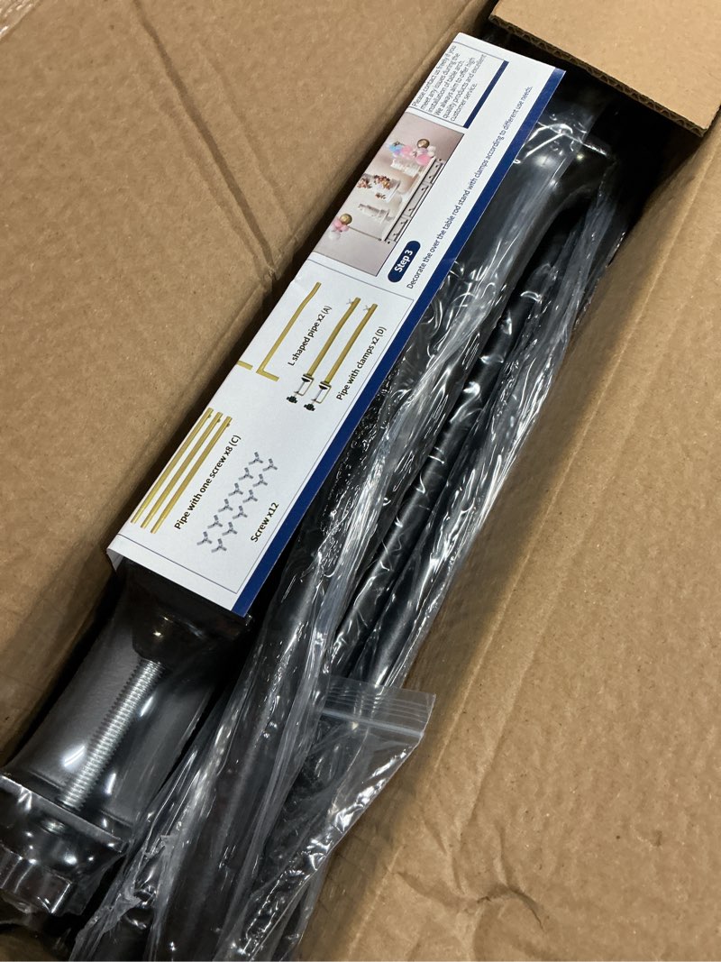Condition photo showing New/Like New for over the table rod stand with clamps - adjustable table arch stand, metal table rod for wedding, birthday, halloween, and christmas decorations (29"-97" length, 26"-42" tall, black)