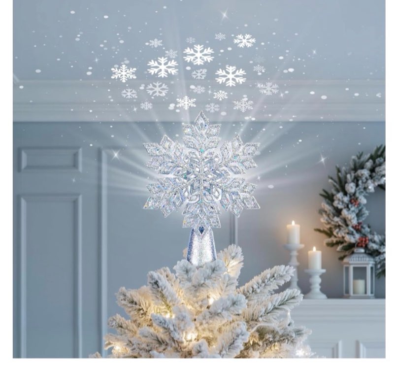 brightown christmas tree topper with built-in 3d glitter led snowflake projector lights, silver hexa