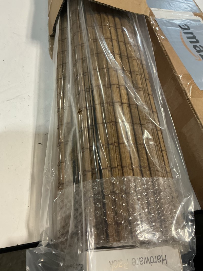 Condition photo showing New/Like New for lazblinds cordless bamboo roman shades, privacy blinds for interior windows, room darkening roll up bamboo blinds for home & patio, 27.5" w x 64" h, highfield teak pricacy - highfield teak 27 1/2" w x 64" h