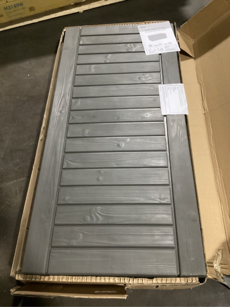 Condition photo showing As Is for keter westwood 150 gallon resin large outdoor storage box for patio furniture, outdoor cushions, garden tools and pool floats, taupe mossy brown
