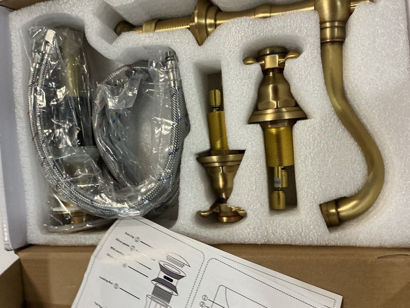 Condition photo showing New/Like New for ggstudy 8 inch 2 handles 3 holes widespread bathroom sink faucet antique brass bathroom vanity faucet basin mixer tap faucet matching metal pop up drain with overflow metal cover antique brass