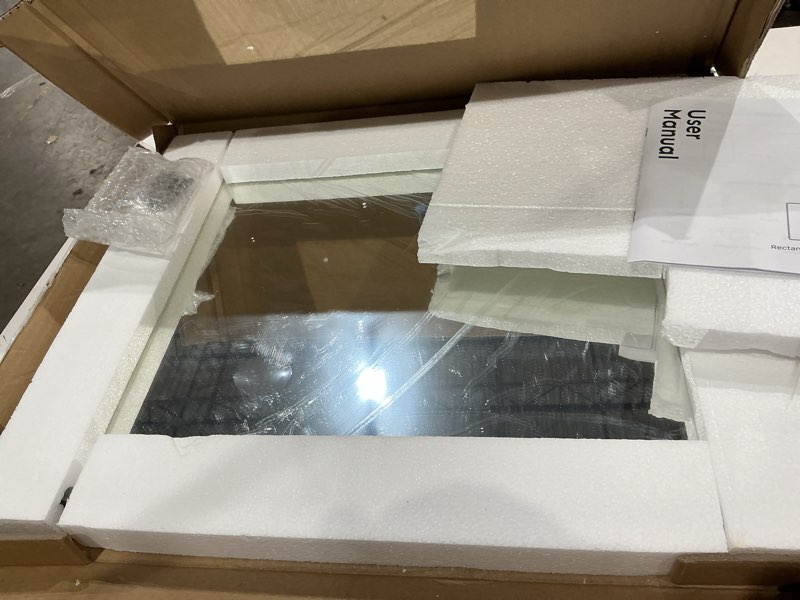 Condition photo showing Good Condition for kosmonia 20x16 bathroom vanity mirror for wall, aluminum framed, farmhouse rectangle, anti-rust, hd reflection anti-desilvering, distortion free, tempered and shatter-proof wall mounted mirror, black framed mirror-black 20"l x 16"w