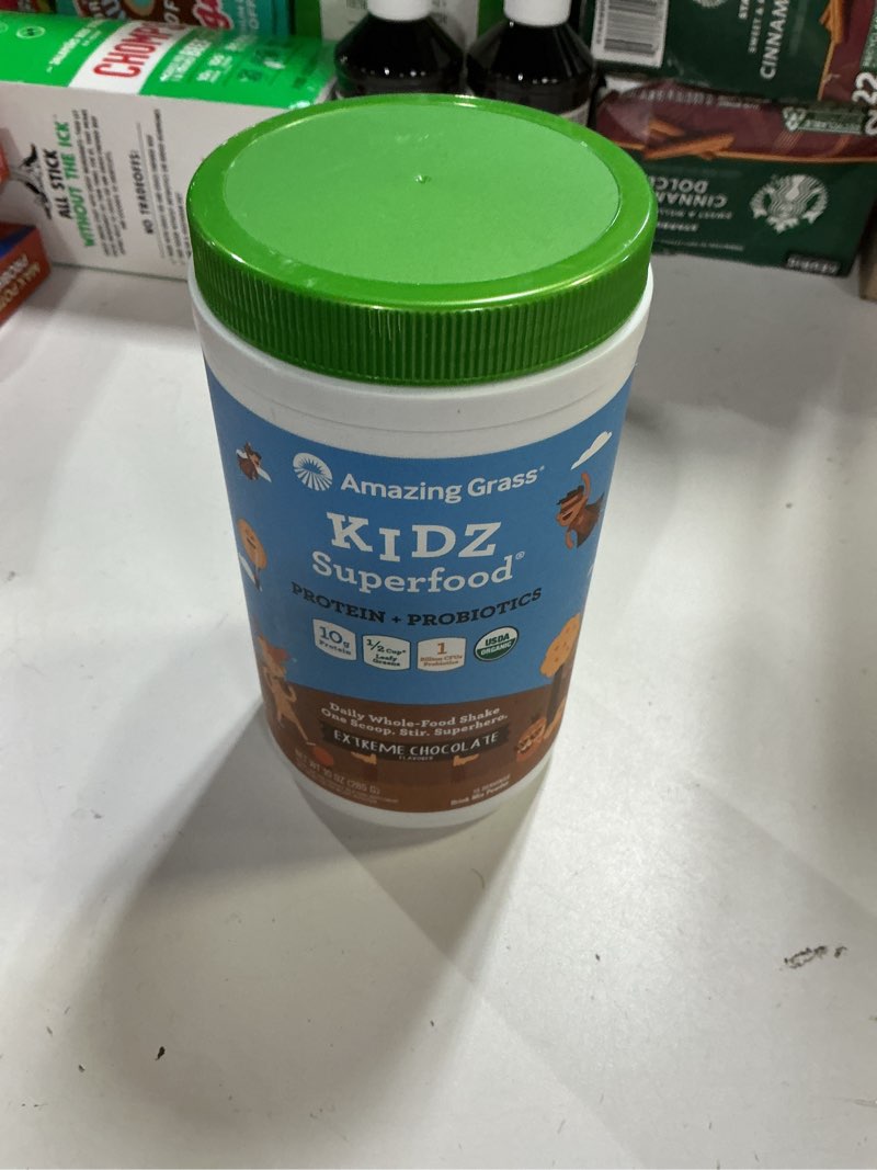 Condition photo showing Good Condition for (EXP:07/2026) Amazing Grass Kidz Superfood: Vegan Protein & Probiotics for Kids with Beet Root Powder & 1/2 Cup of Leafy Greens, Extreme Chocolate, 15 Servings Extreme Chocolate 10 ounce (Pack of 1)